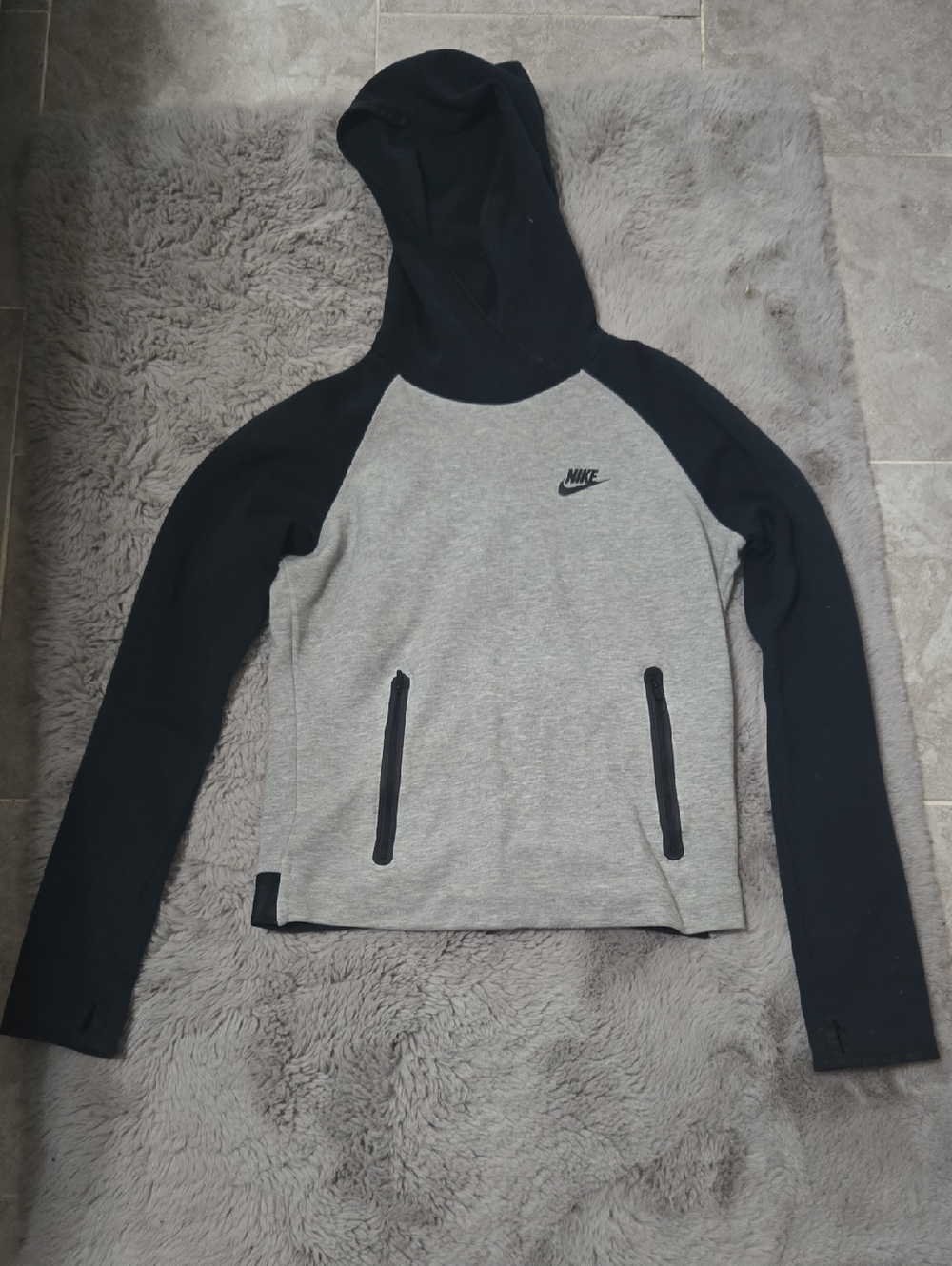 Nike Women's Grey Body with Black Sleeves Hooded Sweatshirt